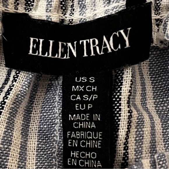 NWOT Ellen Tracy Women's Linen Smocked Wide Leg Pant Blue and Tan Stripe‎ Size S - Picture 4 of 7